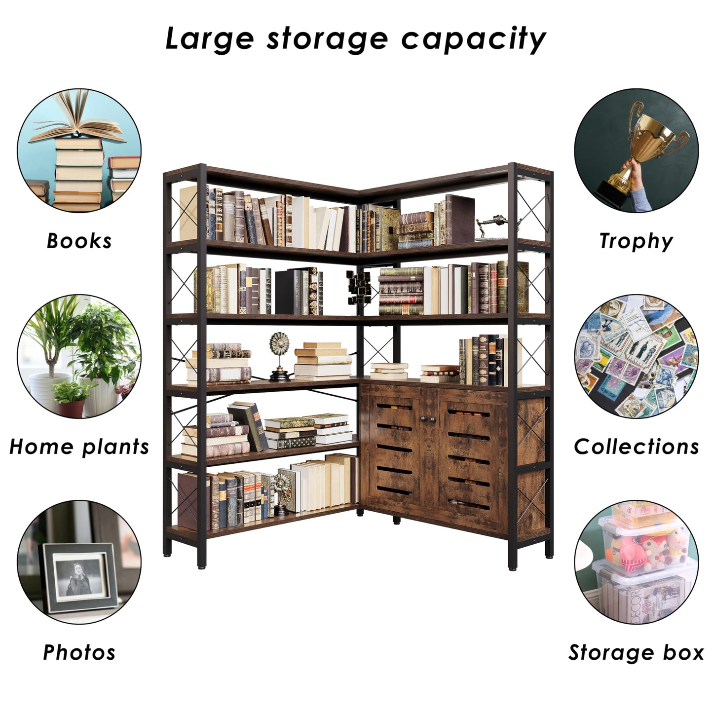 GLAUBIO Large 6 Tier Industrial Corner Bookshelf with Storage Cabinet,L Shaped Bookcase with Doors, Tall Corner Plant Stand, Tall Bookshelf for Living Room, Home Office（Brown Wood）