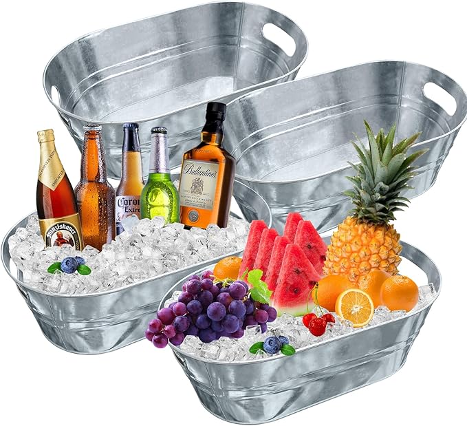 4 PCS 3 Gallon Galvanized Tub Champagne Bucket with Carry Beer Drink Storage Cooler Metal Beverage Ice Tub Galvanized Ice ...