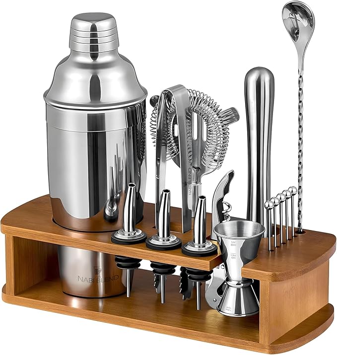 16 Piece Bartender Kit with Bamboo Stand | Cocktail Shaker Set Essential Bar Tools Wine Shaker Ice Filter Mixing Spoon Jig...