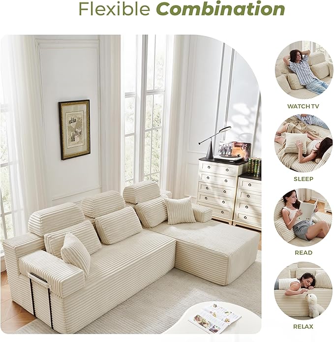 104" L-Shaped Cloud Modular Sectional Sofa with Chaise & Headrest, Boneless Deep Seat Plush Corduroy Couches for Large Living Room, No Assembly Required (White, 104" L-shapred Chaise)