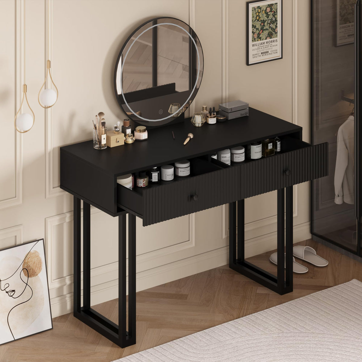 Black Vanity Desk with Mirror and Lights, Small Makeup Vanity with 2 Drawers, Modern Vanity Organizer with 3 Color Lights＆Adjustable Brightness, Dressing Table for Bedroom