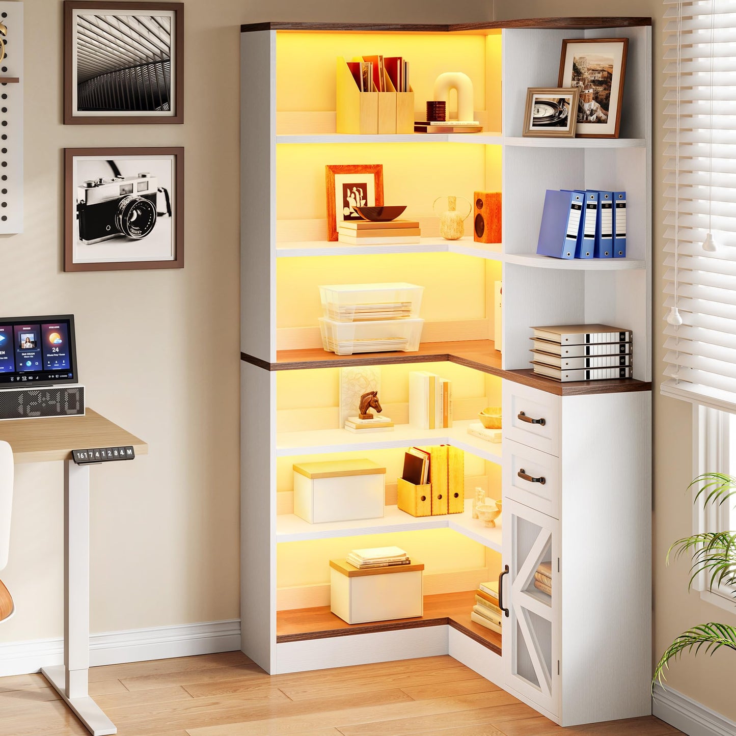 YITAHOME Corner Bookshelf with Storage, Farmhouse 6-Tier Bookshelf with Drawers and Cabinets, L-Shaped Bookcase LED Lights Corner Display Shelf for Home Office, Living Room, Bedroom