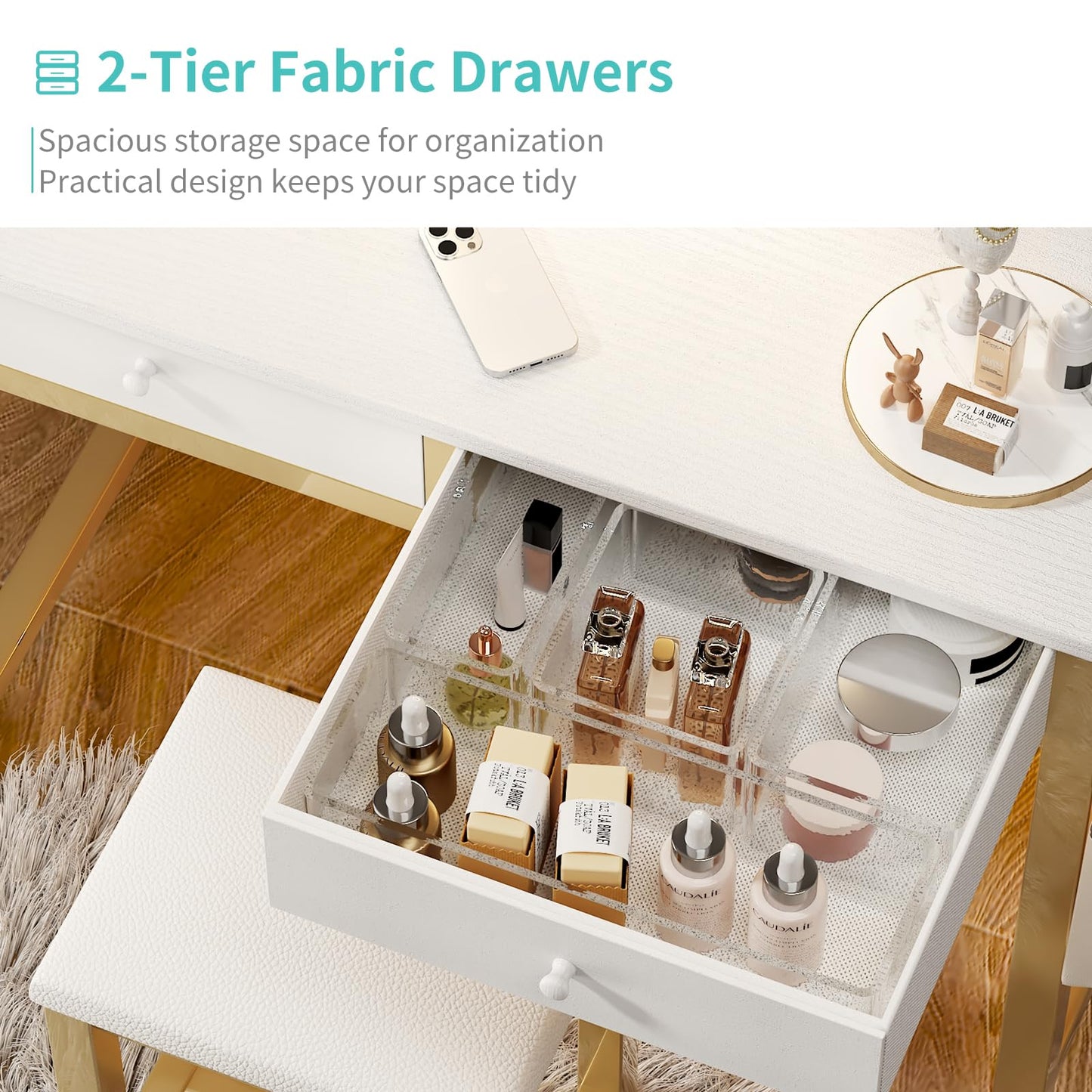 Lufeiya Small Makeup Vanity Desk with Mirror and Light, 32 inch White Vanity Desks Sets with Fabric Drawers for Girls Teen, Dressing Table and Chair Set with Power Outlet for Bedroom, White Gold