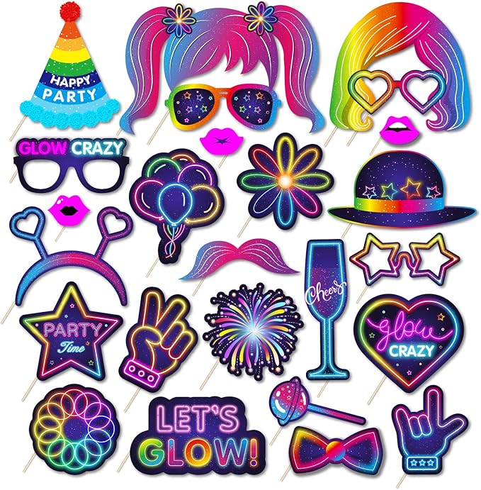 25pcs Glow Neon Photo Booth Props with Stick, Photo Props for Birthday Let's Glow Themed Neon Glow in The Dark Disco Black...