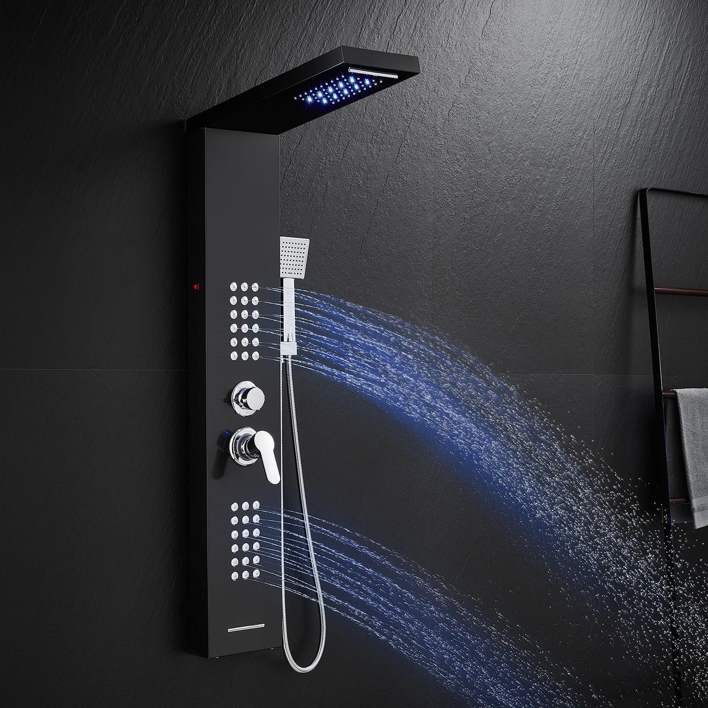 KINKIB LED Shower Panel Tower System Black with Rainfall Waterfall Shower Head, 5-in-1 Shower Tower with Powerful Body Jets, Handheld Shower and Tub Spout, High Pressure Shower Column Stainless Steel
