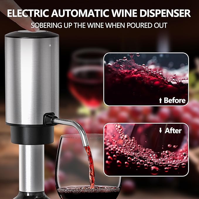 4-in-1 Rechargeable Electric Wine Opener Wine Aerator Gift Set with Electric Wine Decanter, Wine Stopper, Foil Cutter, Automatic Electric Wine Bottle Opener for Home Bar Parties, Stainless Steel