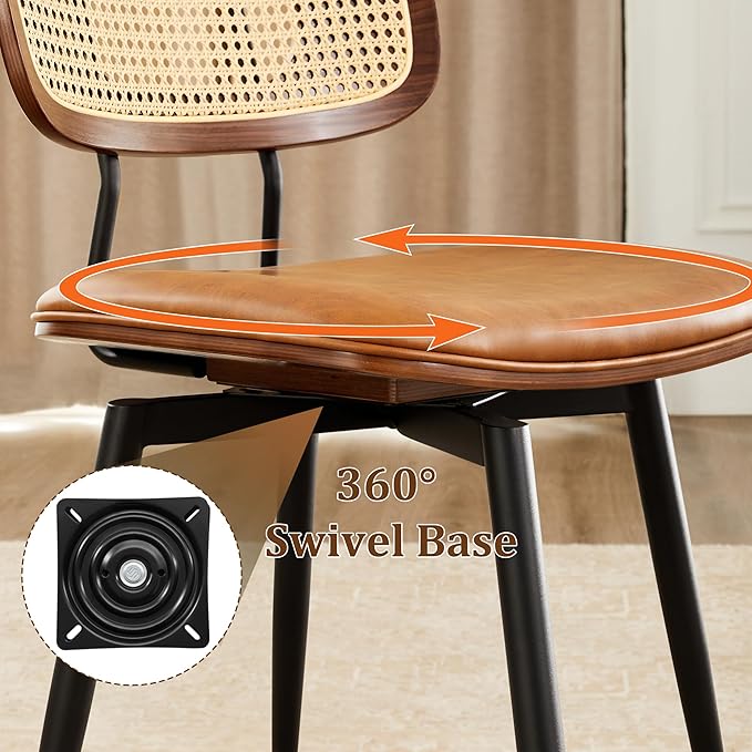 Quenvo Swivel Dining Chairs with Rattan Back, Modern Brown Leather Dining Chairs Set of 6, Swivel Dining Room Chairs Kitchen Side Chairs with Metal Legs and Upholstered Seat for Kitchen & Restaurant