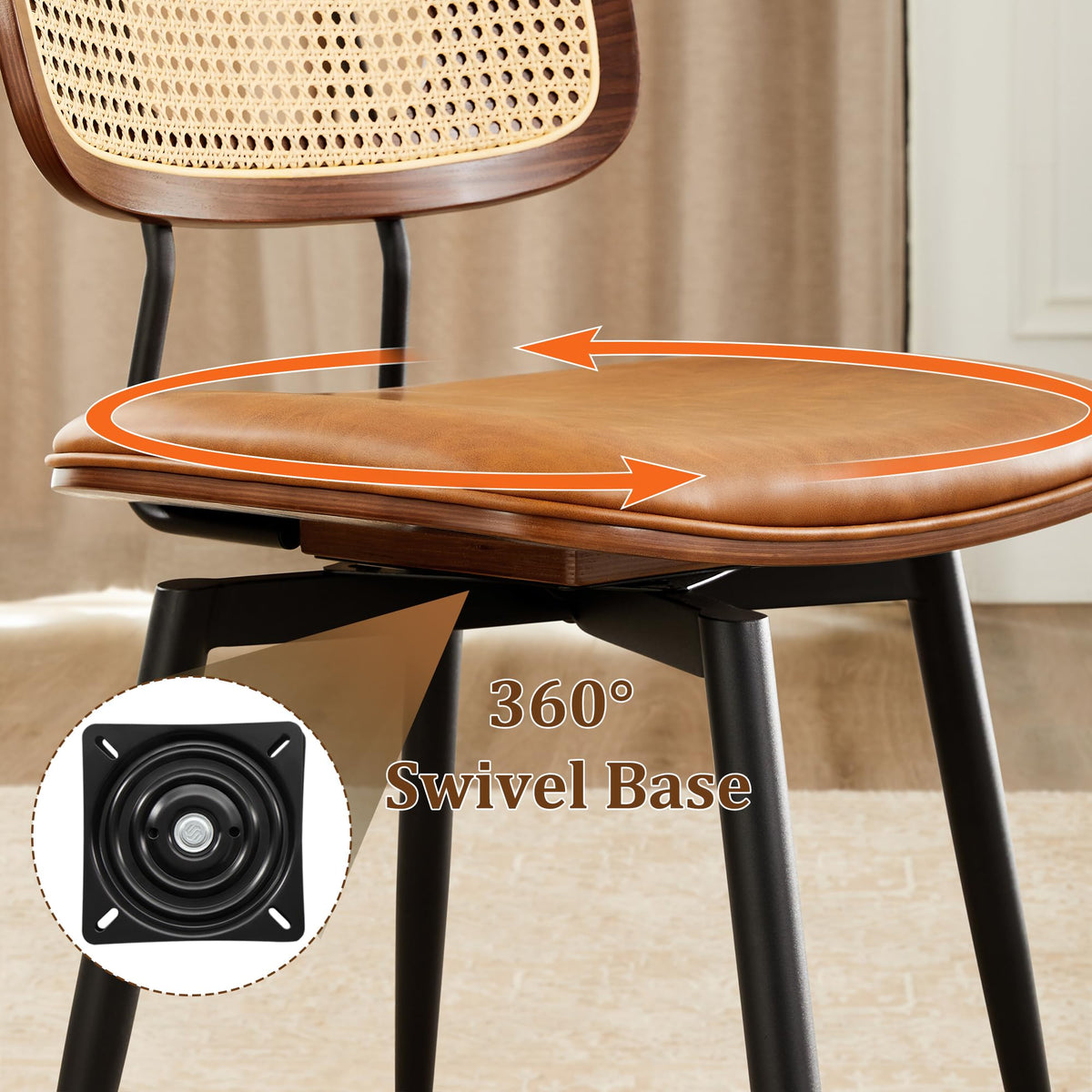 Quenvo Swivel Dining Chairs with Rattan Back, Modern Brown Leather Dining Chairs Set of 4, Swivel Dining Room Chairs Kitchen Side Chairs with Metal Legs and Upholstered Seat for Kitchen & Restaurant