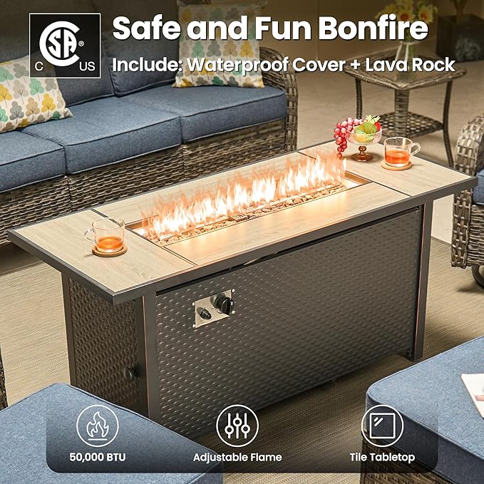 ovios 10 Pieces Patio Furniture Set, Outdoor Wicker Sofa Couch with Swivel Chairs 54" Fire Pit Table, High Back Modern All Weather Conversation Sets, Grey Rattan, Denim Blue