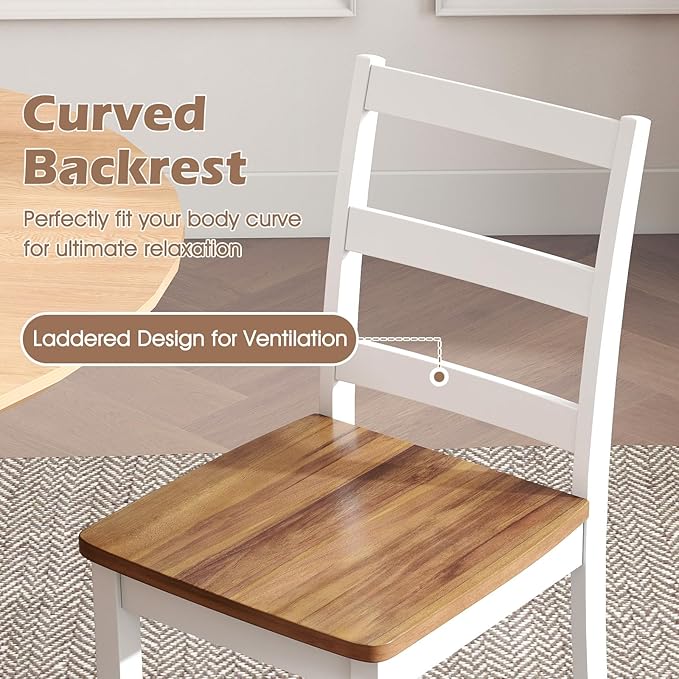 Giantex Dining Chairs, Wooden Armless Kitchen Chairs with Solid Rubber Wood Legs, Farmhouse Ladder Back Dining Chairs for Dining Room (4, White+Brown)