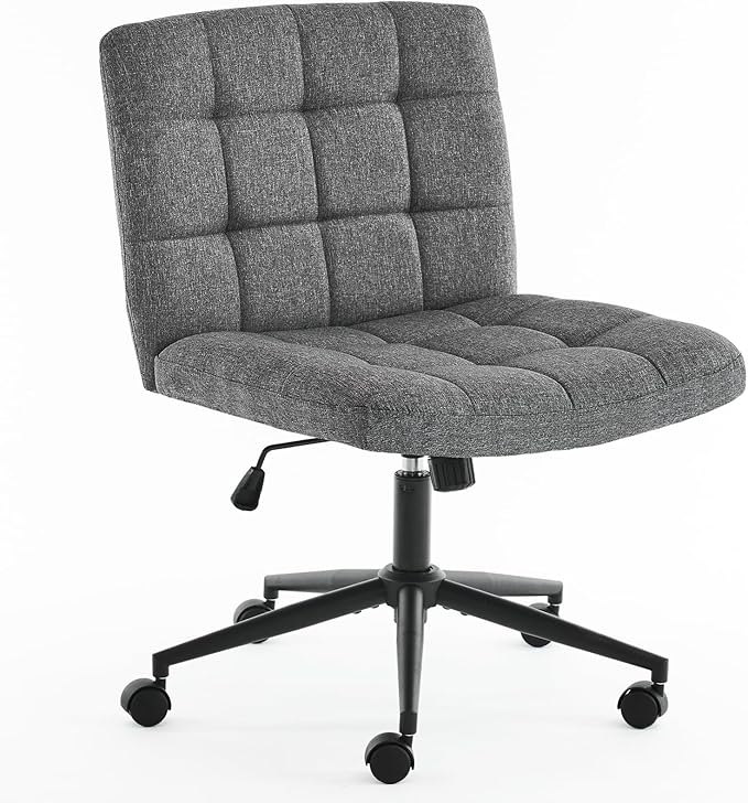 Furnimart Criss Cross Desk Char Wide Seat with Wheels, 360° Swivel Cross Legged Desk Chair Thick Cushion, Comfy Armless Home Office Chair for Bedroom, Vanity, Sturdy (Linen Gray)