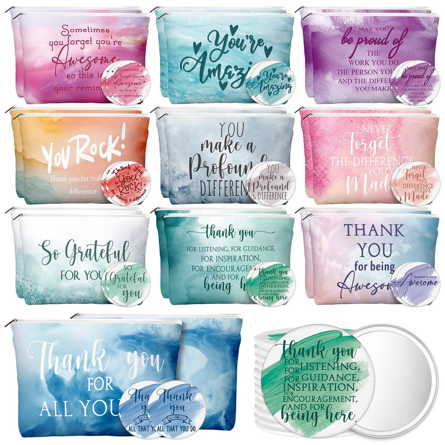 Vercraft 60 Pcs Employee Appreciation Gifts 30 Inspirational Canvas Makeup Bags 30 Compact Mirrors Bulk Cosmetic Bags Round Port