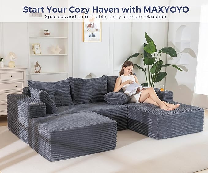 MAXYOYO 104" U-Shaped Modular Sectional Couch, Modern Boneless Couch for Living Room, Sofa in A Box, Oversized Sofa Sleeper with Deep Seat, No Assembly Required, Dark Grey