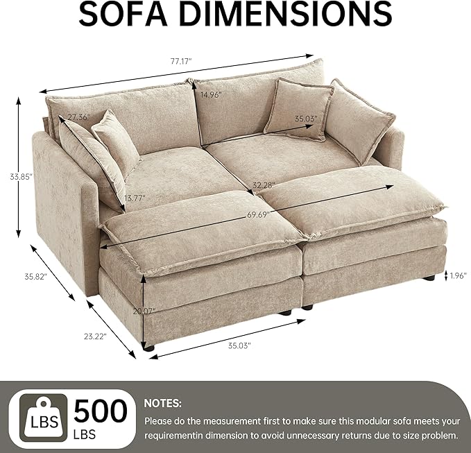 saows Modular Sectional Sofa, 77 Inch U Shaped Couch Set with Armrests, 2-Seater Comfy Cloud Couches for Living Room Apartment, Coffee