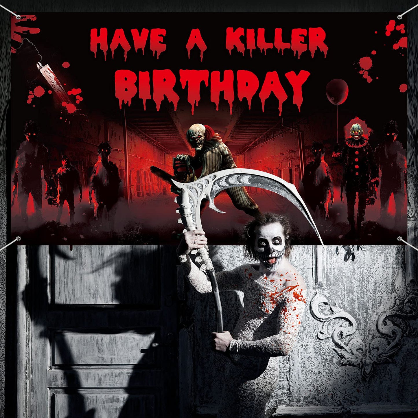 Irenare Killer Birthday Party Backdrop Banner - Crime Scene Decor, Horror Movie Background, 72.8 x 43.3 Inch Scary Bloody Banner for Creepy Movie Chainsaw Clown Spooky Props