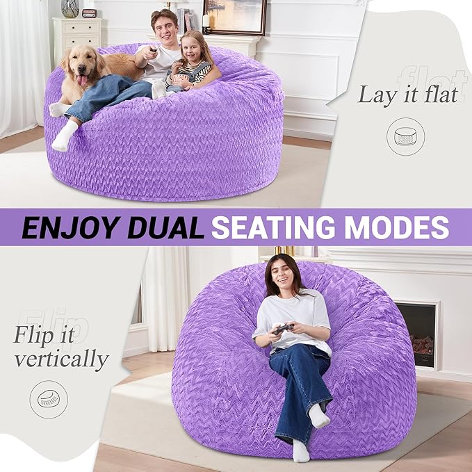 5FT Bean Bag Chair,Giant Bean Bag Chairs for Adults,Big Bean Bags with Memory Foam Filled, Large Beanbag Chairs with Chevron Plush Cover-Purple