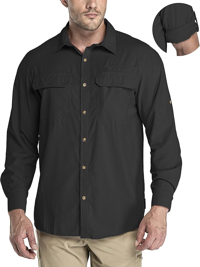 33,000ft Men's Long Sleeve Sun Protection Shirt UPF 50+ UV Quick Dry Cooling Fishing Shirts for Travel Safari Camping Hiking