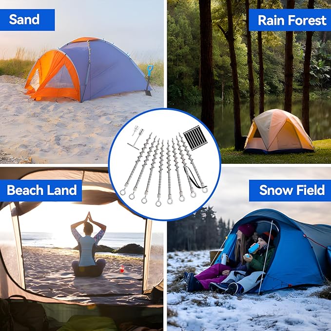 Keltrion 8 PCS Screw in Tent Stakes for Women Men Ground Anchors for Sand, Trampolines, Camping - Aluminium Heavy Duty Rust Prevention Pegs Spikes Drillable Threaded Anchor Stake - Silvery 14 inch