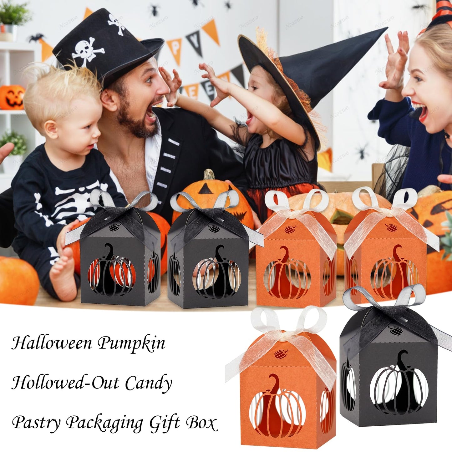 Ncozwo 20 Pcs Halloween Party Treat Boxes Pumpkin Candy Cookies Gift Box Hollowed-out Pumpkin Favor Boxes Hollow Die-Cut Cardboard Chocolate Container for Party Supplies Decorations (Black, Orange)