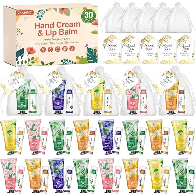 30 Pack Bulk Hand Cream and Bulk Lip Balm Sets, Valentines Day Gifts, Wedding Favors for Guests with Thank You Card and Organza Bags, Mothers Day Gifts, Teacher Appreciation Gift and Nurse Gift