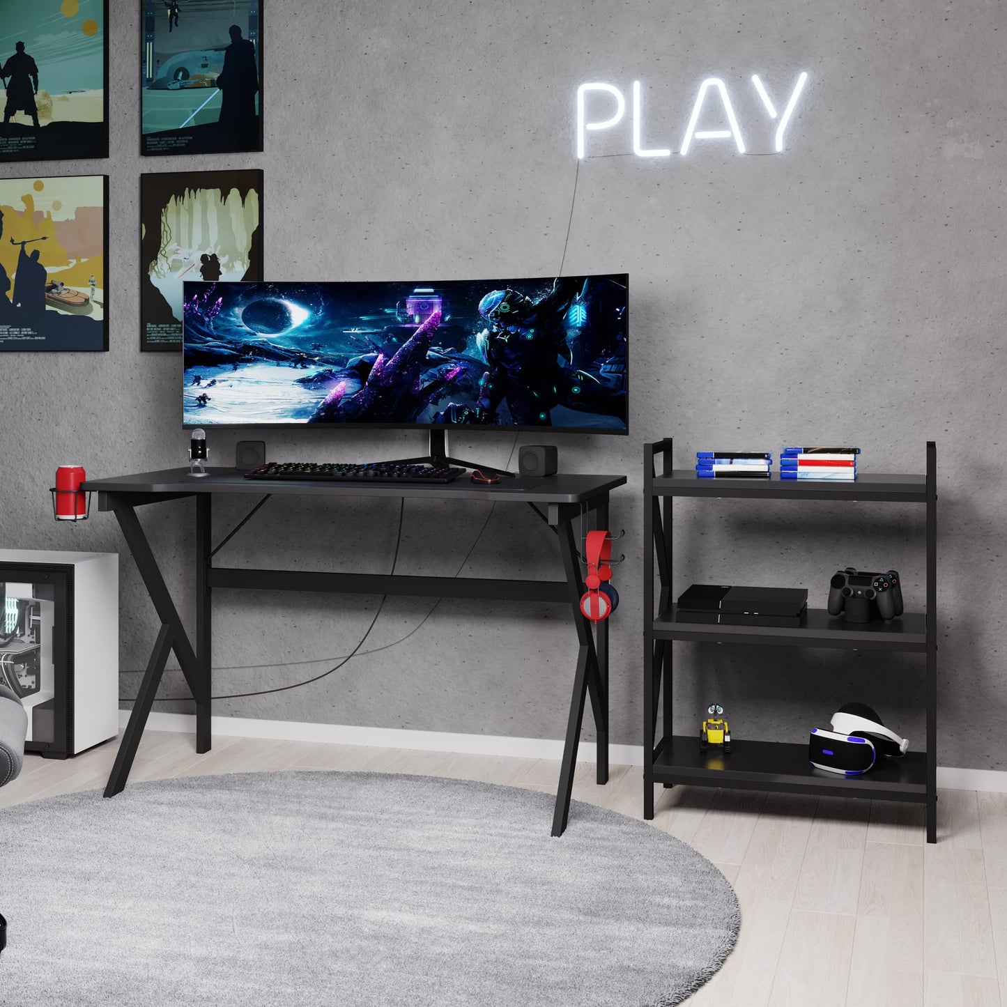 Gaming Computer Desk - Carbon Fiber Texture Finish PC Desk with Cup Holder, Headphones Hanger, K Shaped Legs, Cable Management by Lavish Home (Black)
