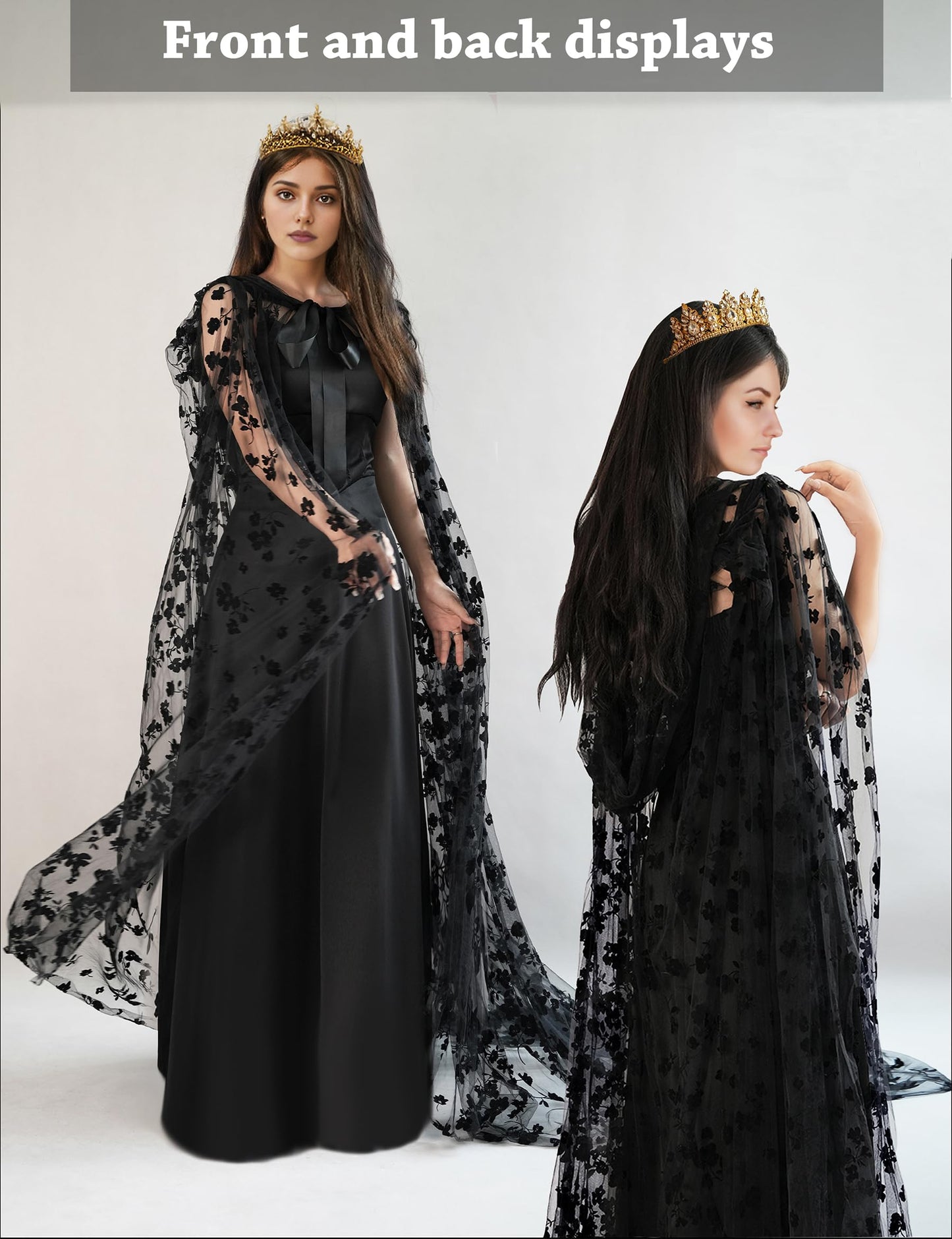 Black Hooded Cape Tulle Cloak Witch Gothic Costume Medieval Renaissance Wizard Vampire Robe with Hood for Women Adults