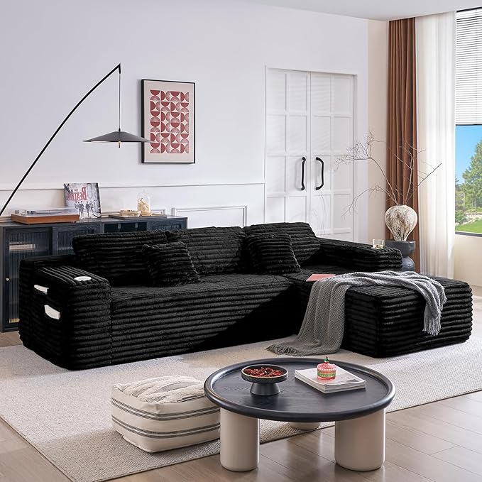 Cloud Sectional Couch with L-Shape Chaise, Modern Modular Sofa with Deep Seat, Built-in Cup Holder & Storage Pocket for Living Room Bedroom, No Assembly Required (Black, Left Sitting Chaise)