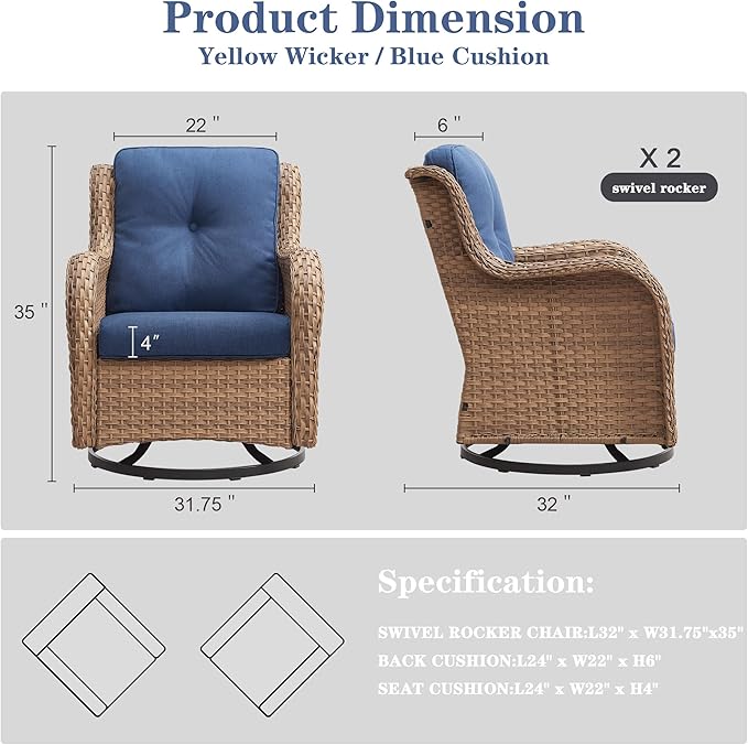 Belord Outdoor Swivel Rocker Patio Chairs - 360 Degree Swivel Glider Seating 350LBS Weight Capacity Wicker Rocking Chairs Set of 2 with Removable Cushion for Porch Balcony Deck, Yellow/Blue