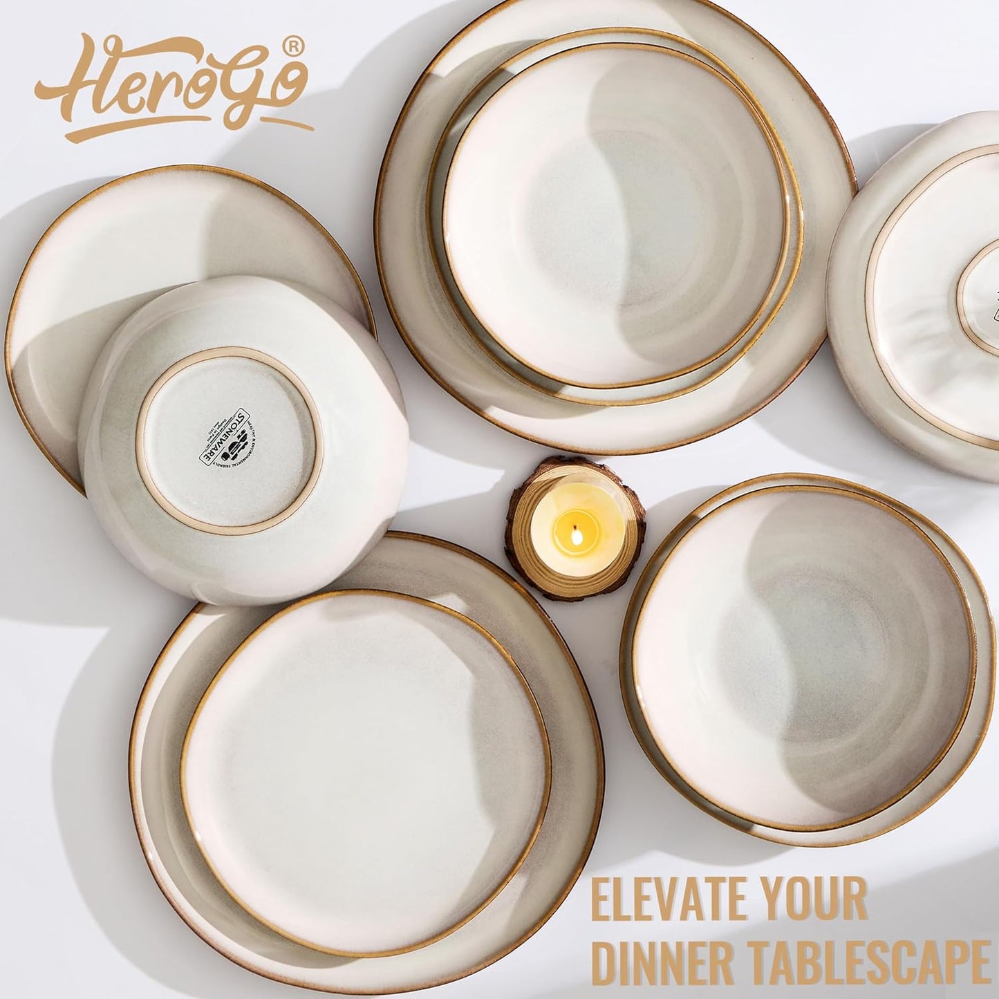 Herogo Stoneware Dinnerware Sets, 12 Piece Dinner Dishes Set for 4, Ceramic Plates and Bowls Dishware, Tableware Includes Dinner Salad Plates, Soup Bowls, Microwave & Dishwasher Safe, Pearl White
