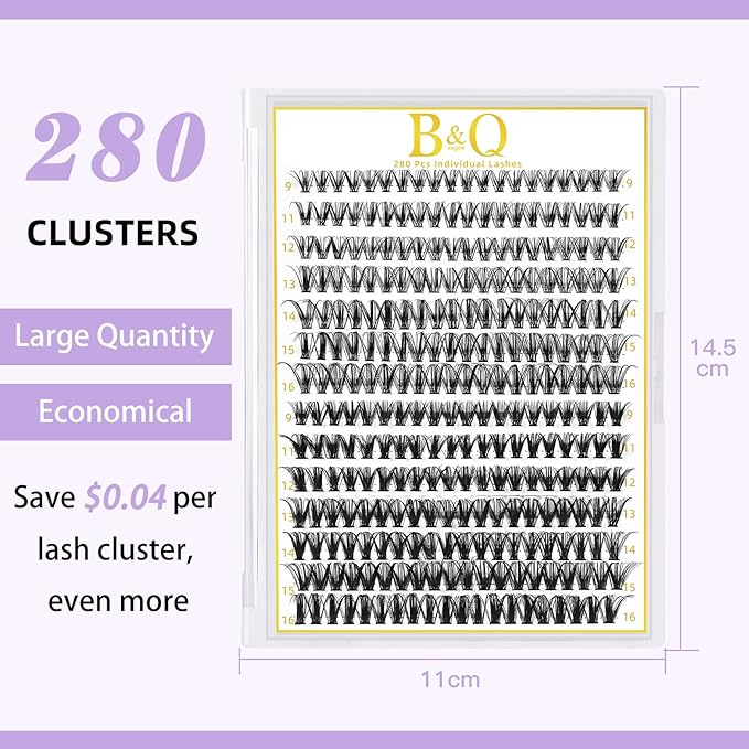 B&Q Lash Clusters 280PCS Natural Eyelash Clusters 30D 40D C 9-16 Individual Lash Wispy Eyelash Extension with Soft Thin Band Classic Look Pestañas Postizas Comfortable DIY at Home(30D+40D-C-9-16MIX)