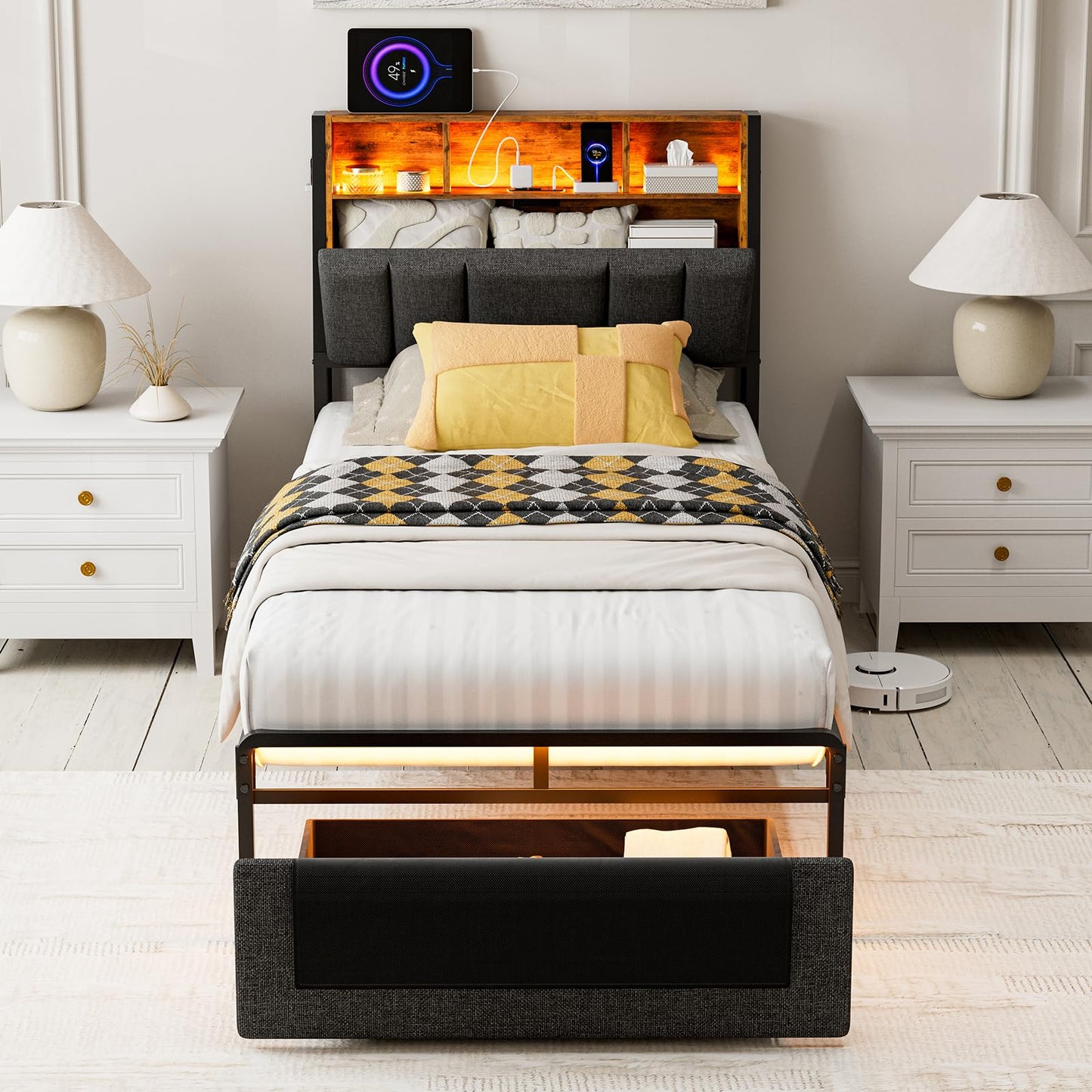IKIFLY Twin XL Bed Frames with Ergonomic Hidden Storage Headboard & Dustproof Storage Drawer, Upholstered Twin XL Platform Bed with Charging Station and LED Lights, No Box Spring Needed, Dark Grey