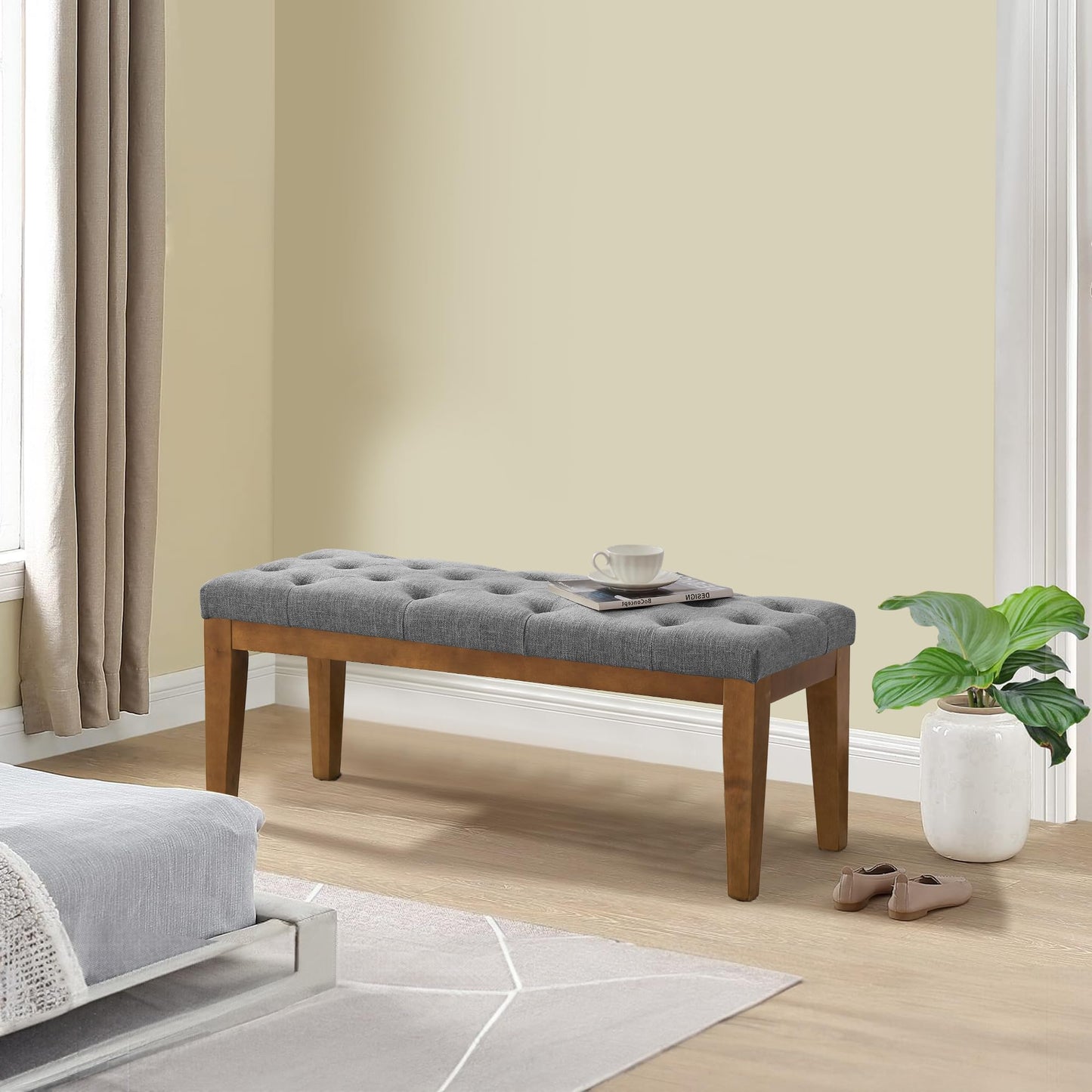 HUIMO Bedroom Bench End of Bed, Upholstered Dining Bench for Kitchen, Button-Tufted Entry Bench, Fabric Ottoman Bench for Living Room, Entryway,Grey, BEN2-4