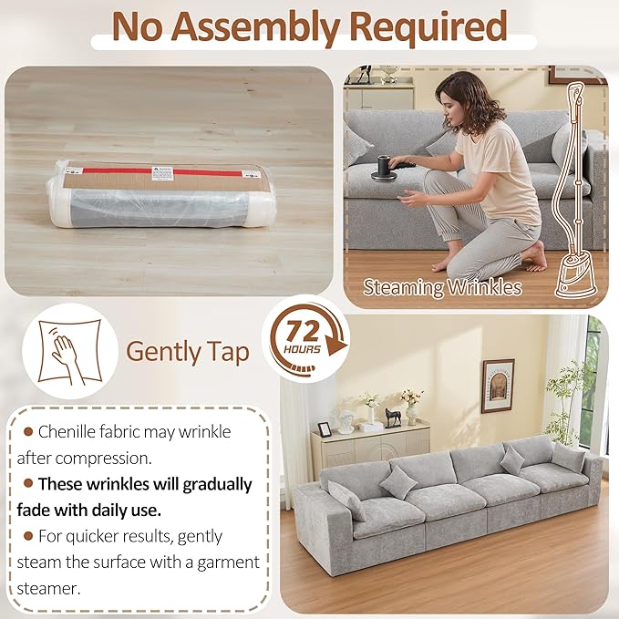 155''Cloud Boneless Sectional Couch, Modular Sectional Sofa Deep Seat, Oversized Upholstered Convertible Comfy 4 Seater Chenille Memory Foam Sofa Couches for Living Room, Light Grey
