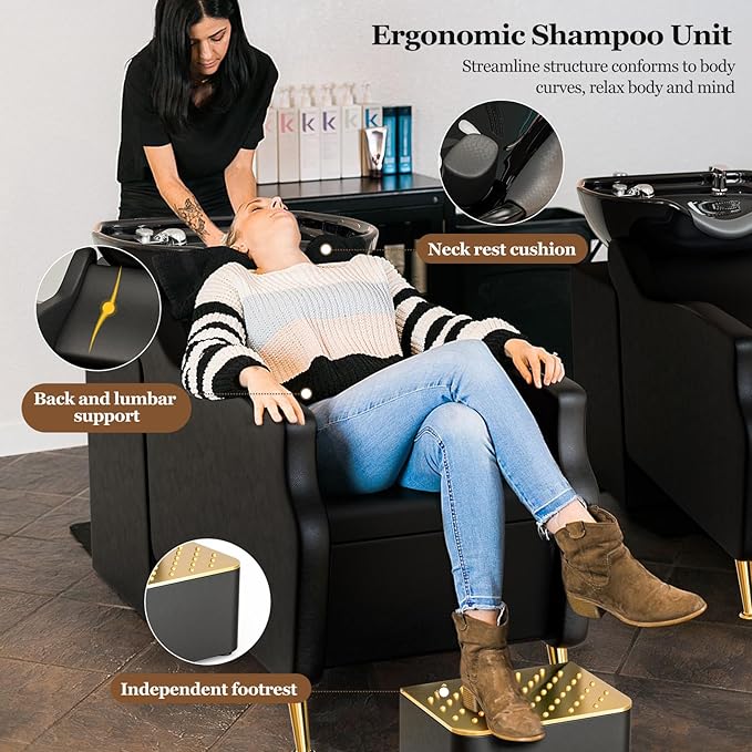 Paddie Shampoo Chair and Bowl for Salon, Backwash Shampoo Station Sink with Ceramic Bowl and Foot Stool, Barbershop Spa Equipment