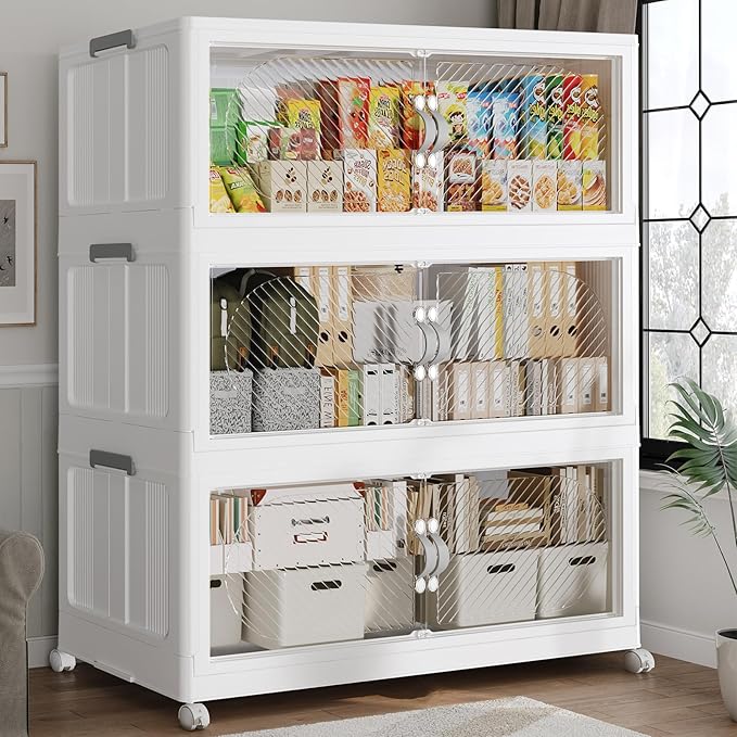 120GAL Plastic Storage Bins with Lid, 480QT Extra Large Stackable Closet Organizers and Storage, Collapsible Storage Boxes with Wheels, Folding Cabinet for Home Kitchen Office, 3Pack White