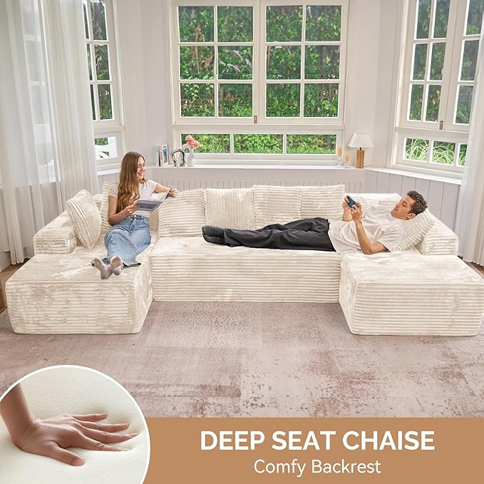 131'' U Shaped Sectional Couches with Chaise Lounge, U-Shaped Boneless Deep Seat Modular Sofa for Living Room 1PCS, Bedroom(Beige)