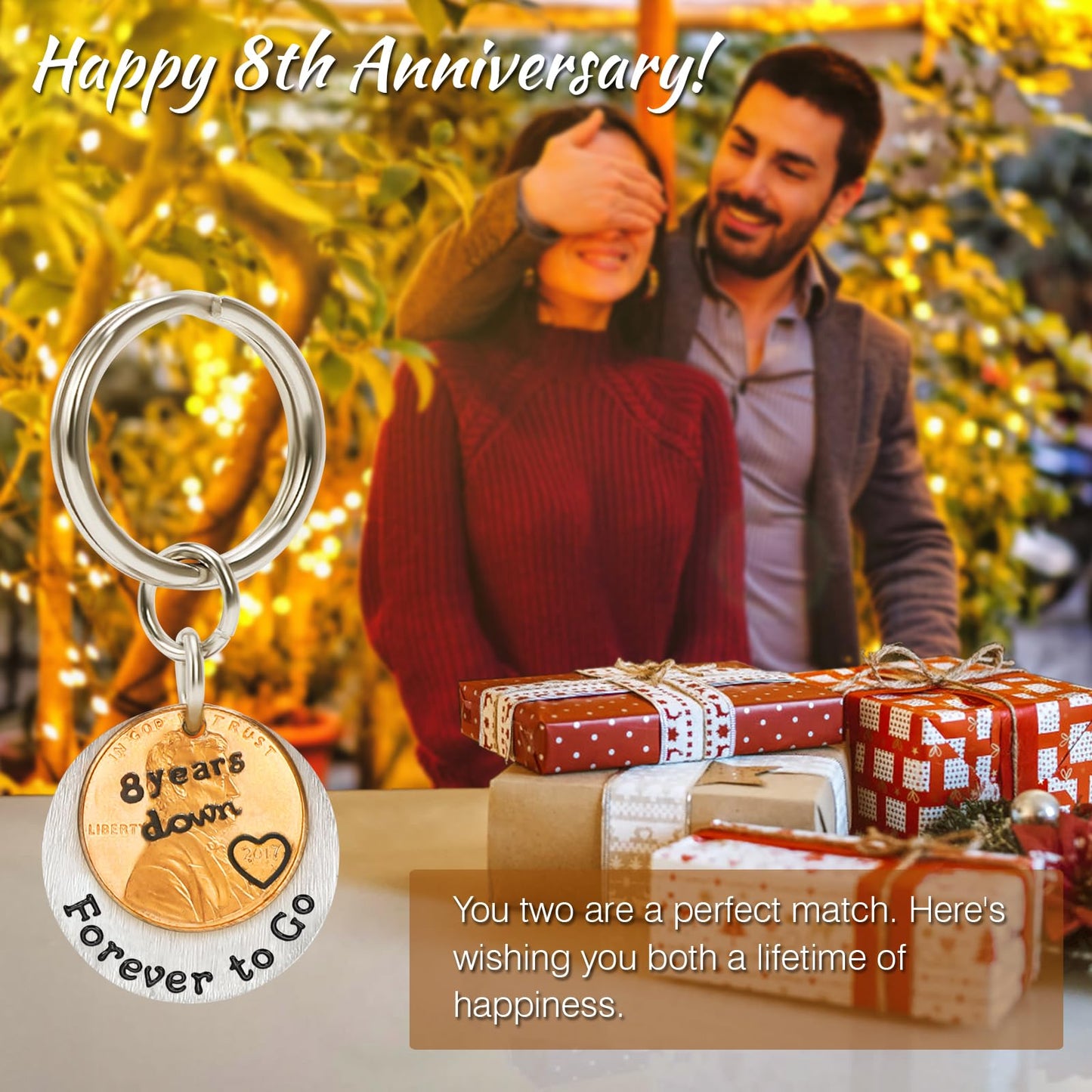 HRMYUDI Copper Gifts for 8th Anniversary, 8 Years Anniversary Copper Gift Coin Keychain with a 2017 Penny, 8 Years Down and Forever To Go, Electric Appliance Wedding Present for Him Her Wife Husband
