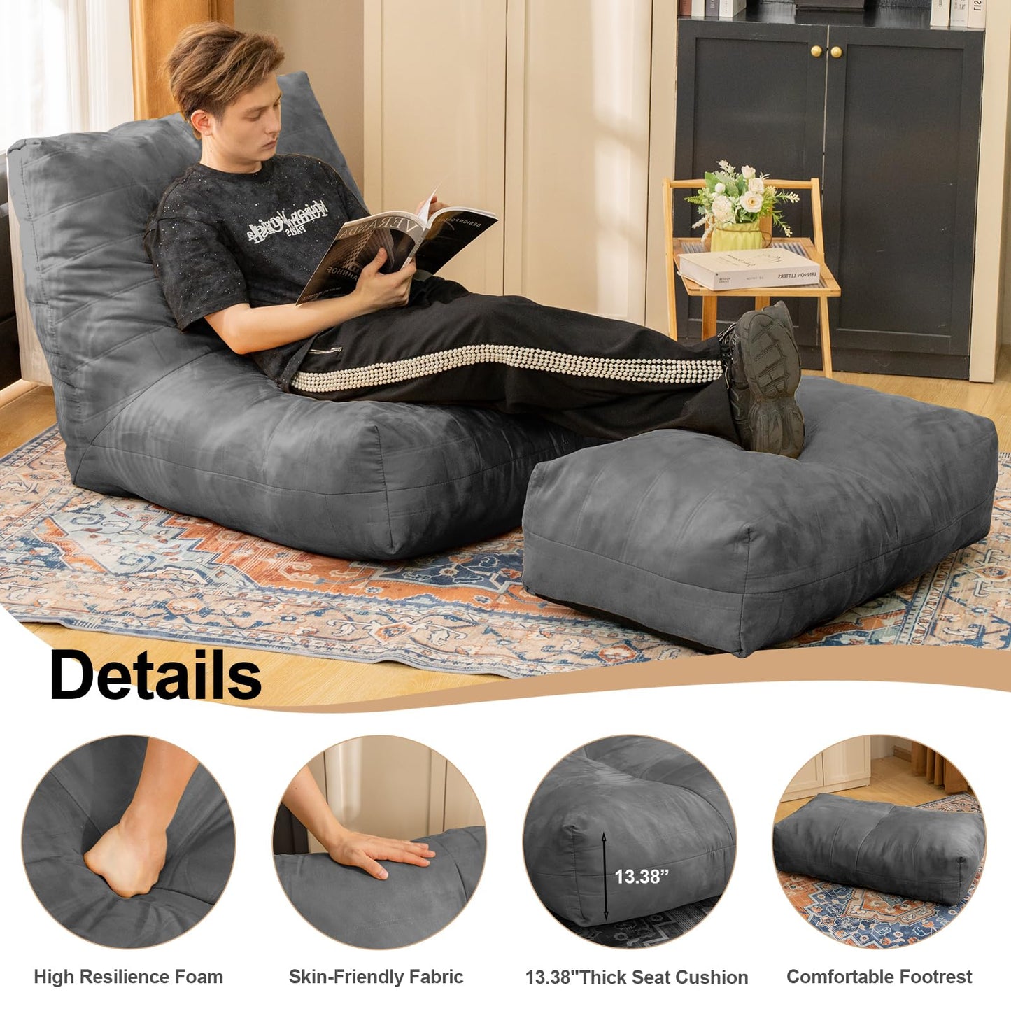 Cvortll Bean Bag Chair with Ottoman, Comfy Bean Bag Sofa with Memory Foam, Lazy BeanBag Sofa with Footstool, Fireside Bean Bag Couch for Living Room, Bedroom, Apartment
