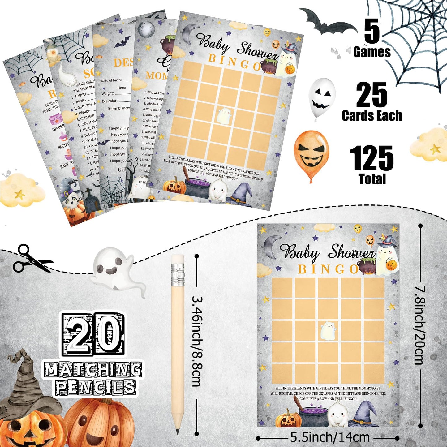 Yinder 145 Pcs Halloween Baby Shower Games Girl or Boy Activities Cards Baby Bingo Description and Wishes Guess Who Mommy or Daddy Price is Right Word Scramble Game