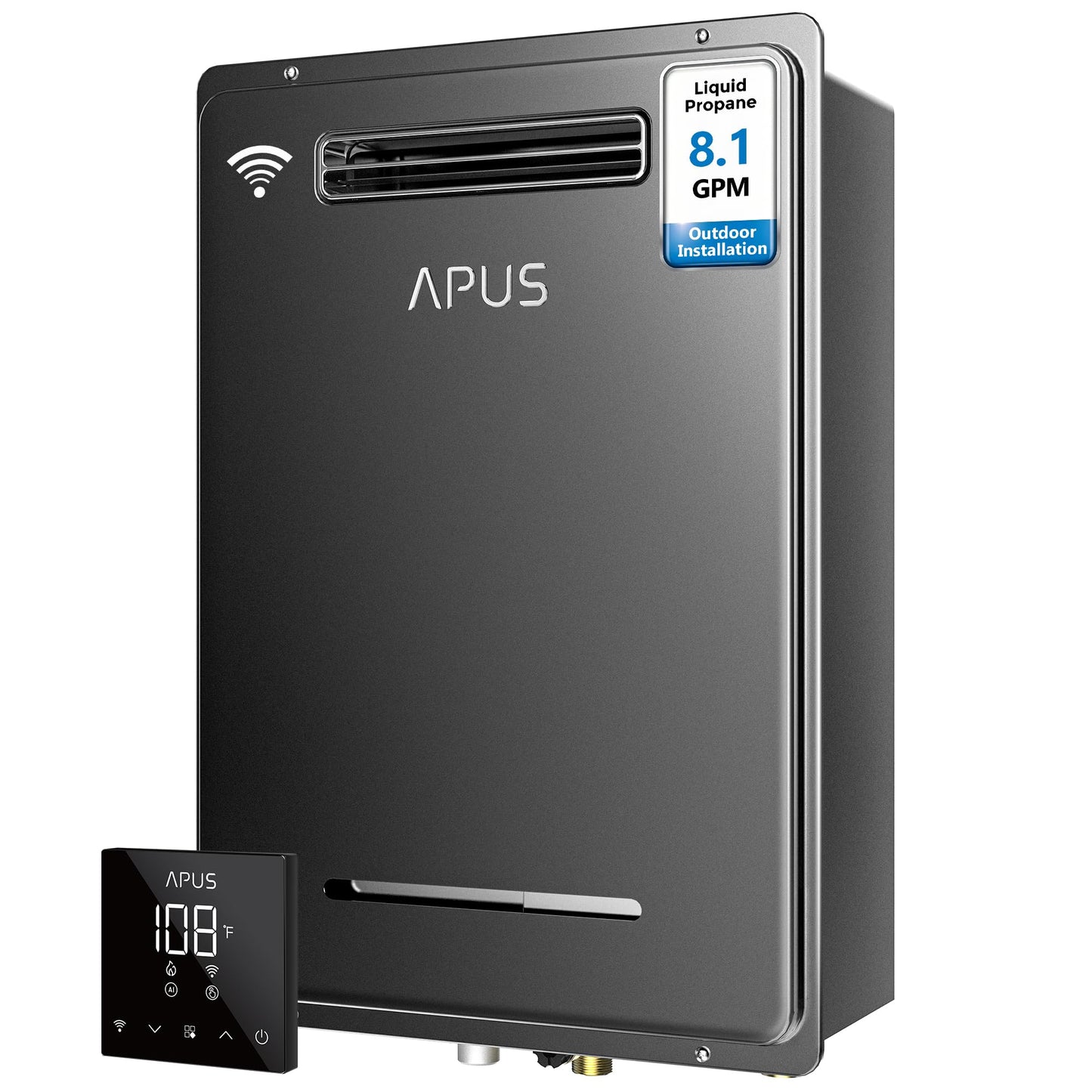 APUS 190,000 BTU Outdoor Tankless Water Heater, 8.1 GPM Propane Instant Hot Water Heater with WiFi & Remote Control, High Efficiency for Supports 5 Outlets