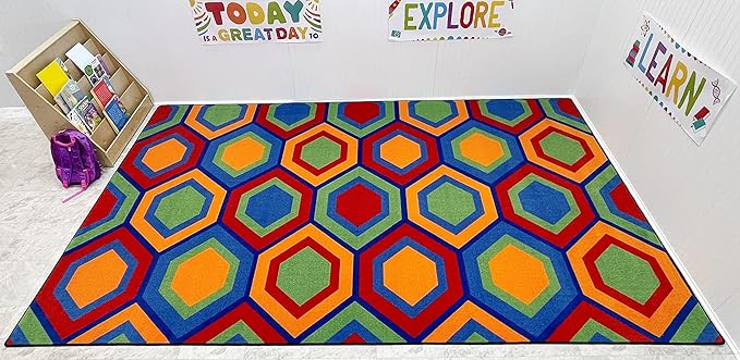 KIDCARPET.COM Sitting Hexagons Area Rug 12' x 8'' Multicolored | Kids Rug for Playroom, Classroom, Carpet for School, Nursery | Colorful Children's Classroom Area Rugs for Kids