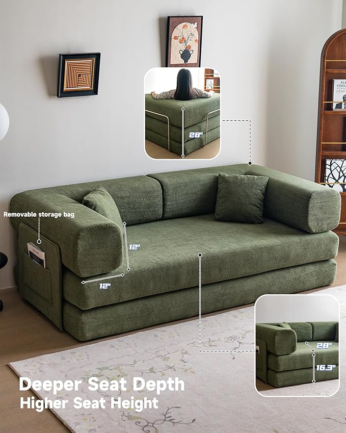 No Assembly Convertible Sofa Bed & 79" Boneless Couch with Pocket , 5-in-1 Futon Sofa Bed with 2 Pillows Modular Pull Out Couch Bed with Frame,Compression in Box for Living Room Small Spaces Green