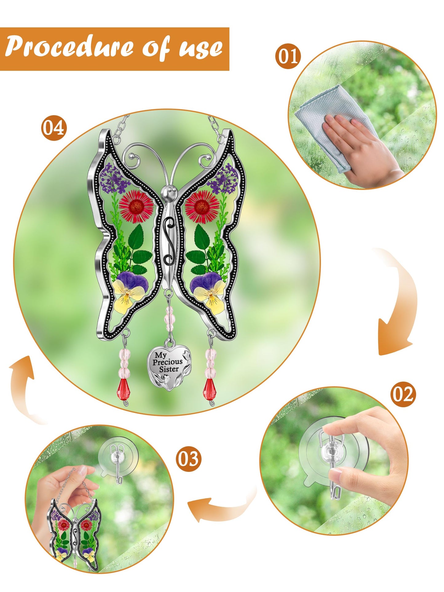 KY&BOSAM Gifts for Sister Suncatcher Butterfly My Precious Sister Stained Glass Catchers for Window Hanging Wind Chime Real Flower Wings and Heart Charm Gift for Sister Mother`s Day Birthday Christmas