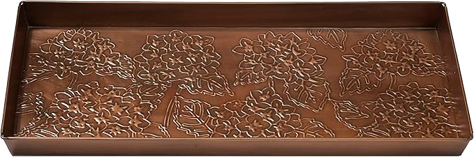 HF by LT Mophead Hydrangea Pattern Metal Boot-Tray, 30 x 13 inches, Antique Copper