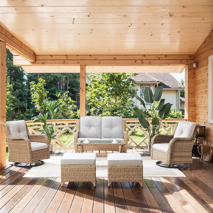 Belord Wicker Outdoor Furniture Patio Furniture Set - 6 Piece Patio Conversation Set with Swivel Rocker Chairs, Loveseat Sofa, Ottomans and Coffee Table, Beige Cushion