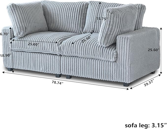 Modular Sectional Sofa/ 78inch Cloud Couches for Living Room/Soft Faux Rabbit Fur Love Seat,2 Seater Wide Convertible Sofa,Covers Washable&Replaceable,Grey