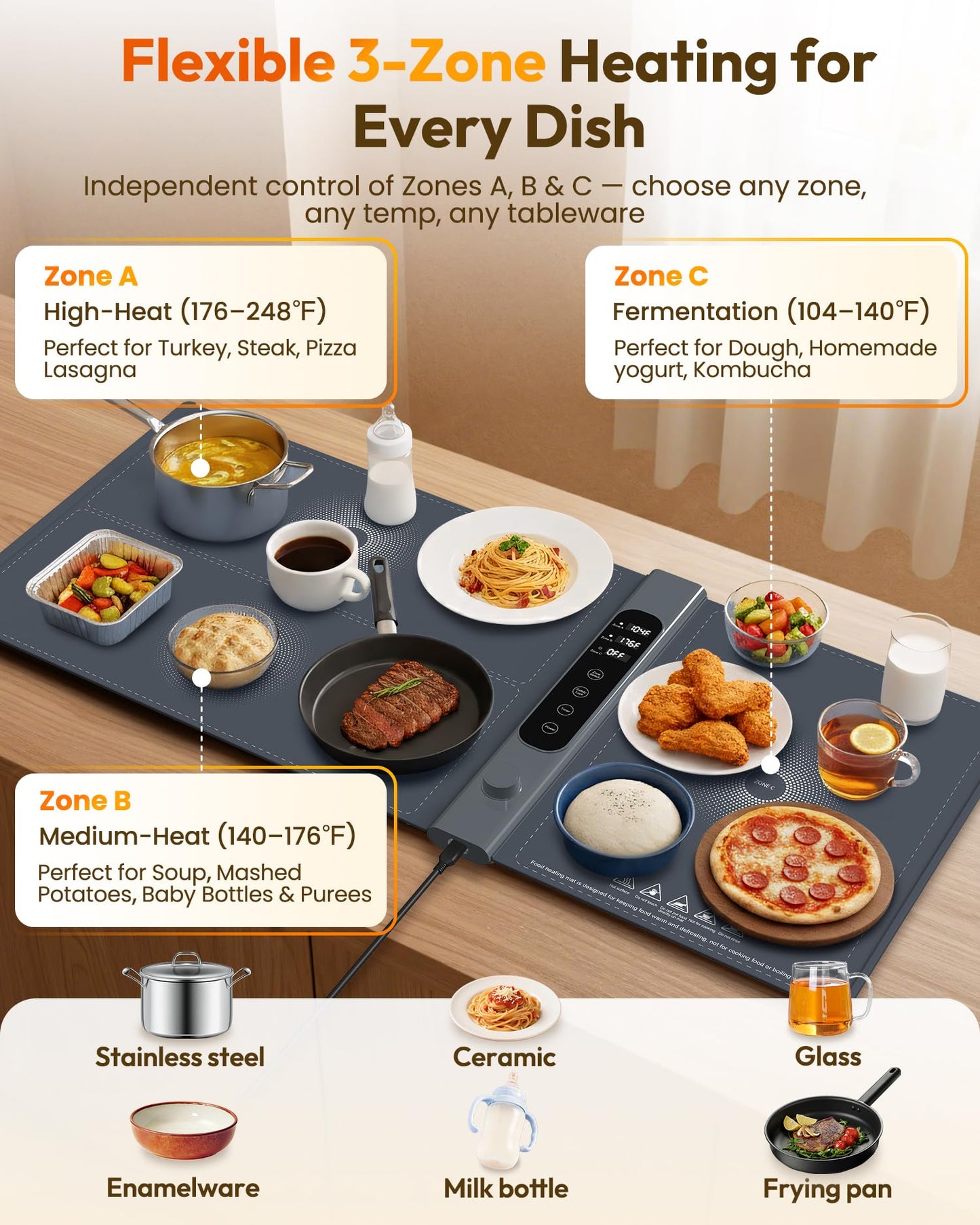 3-Zone Independent Warming Mat for Food 40"x17" XXL, Food Warming Mat with 17 Precise Temp Levels & 1–6H Timer, Heating Mat for Food, Silicone Roll-Up Food Warmer & Warming Tray for Party Buffets
