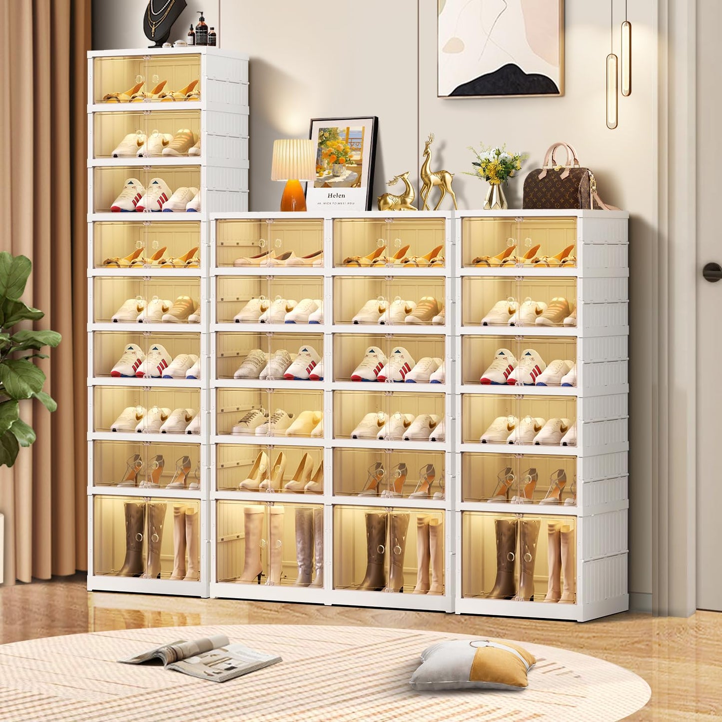 CIMLORD 9-Tier Foldable Shoe Rack Organizer for Closet,36Pairs Collapsible Plastic Shoe Shelf,Large Shoes Cabinet with Door,Clear Stackable Storage Box Easy Assembly