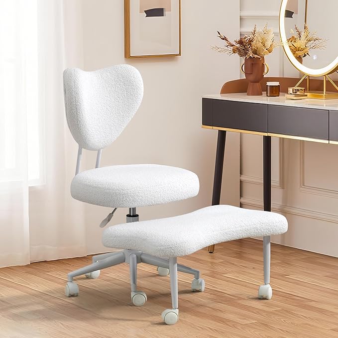 FLEXISPOT Cross Legged Office Chair Armless Kneeling Desk Chairs for Meditation ADHD Yoga Wide Criss Cross Chair with Wheels Vanity Chair for Girls Women Living Room Bedroom Study Small Space, White