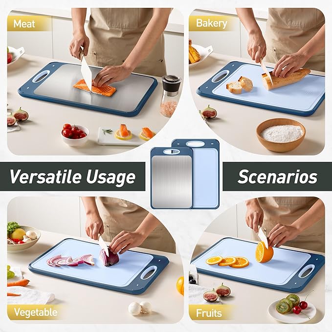 2 in 1 Stainless Steel Cutting Board with Handle 2 Packs Double Sided Cutting Board Stainless Steel Chopping Board Extra Large Big Small Best Hardwood Kitchen Counter Organic Vegetable Meat BBQ Kit